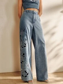 Anewsta Women's Sexy Hollow-Out Embroidered Mother's Day Blue Straight-Leg Jeans - Blue - View 7