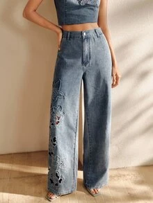 Anewsta Women's Sexy Hollow-Out Embroidered Mother's Day Blue Straight-Leg Jeans - Blue - View 6