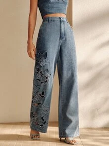 Anewsta Women's Sexy Hollow-Out Embroidered Mother's Day Blue Straight-Leg Jeans - Blue - View 4