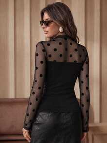 Anewsta Autumn/Winter New Elegant Fashion Sexy Holiday Outing Date Party Night Out Polka Dot Sheer Knit Long Sleeve Women's T-Shirt Black Polka Dot - Black - View 6