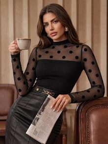 Anewsta Autumn/Winter New Elegant Fashion Sexy Holiday Outing Date Party Night Out Polka Dot Sheer Knit Long Sleeve Women's T-Shirt Black Polka Dot - Black - View 2