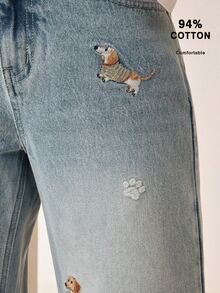 Anewsta Light Blue Small Cute Puppy Dogs With Prints Embroidered Denim Pants Everyday Going Out School Fall/Summer Special Casual Cute - Blue - View 2