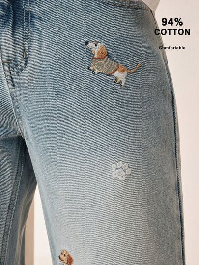 Anewsta Light Blue Small Cute Puppy Dogs With Prints Embroidered Denim Pants Everyday Going Out School Fall/Summer Special Casual Cute