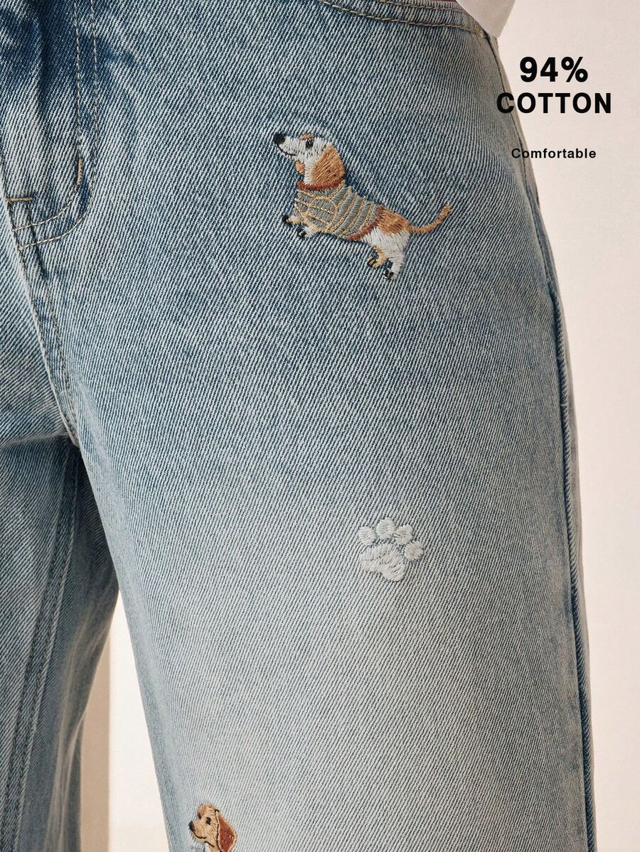 Anewsta Light Blue Small Cute Puppy Dogs With Prints Embroidered Denim Pants Everyday Going Out School Fall/Summer Special Casual Cute