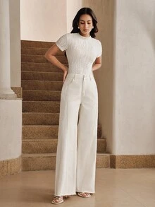 Anewsta 女式新款拼接休闲度假白色直筒牛仔裤 - 杏色 - 查看 5
