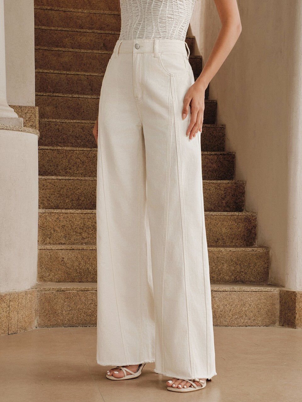 Anewsta Jeans rectos de pierna blanca de estilo casual y de vacaciones con diseño de patchwork para mujer