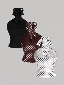 SHEIN MOD 女款性感街頭風百褶掛脖綁帶背心上衣 3件組 - 黑色 - 查看 4
