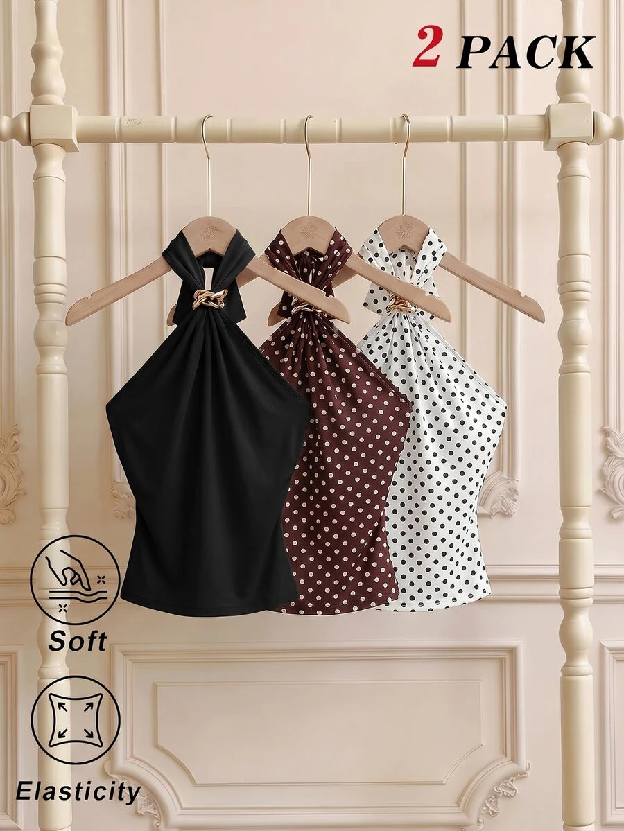 SHEIN MOD 女款性感街頭風百褶掛脖綁帶背心上衣 3件組 - 黑色 - 查看 1