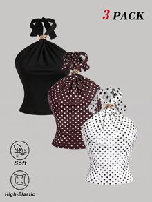 SHEIN MOD 女款性感街頭風百褶掛脖綁帶背心上衣 3件組 - 黑色 - 查看 2