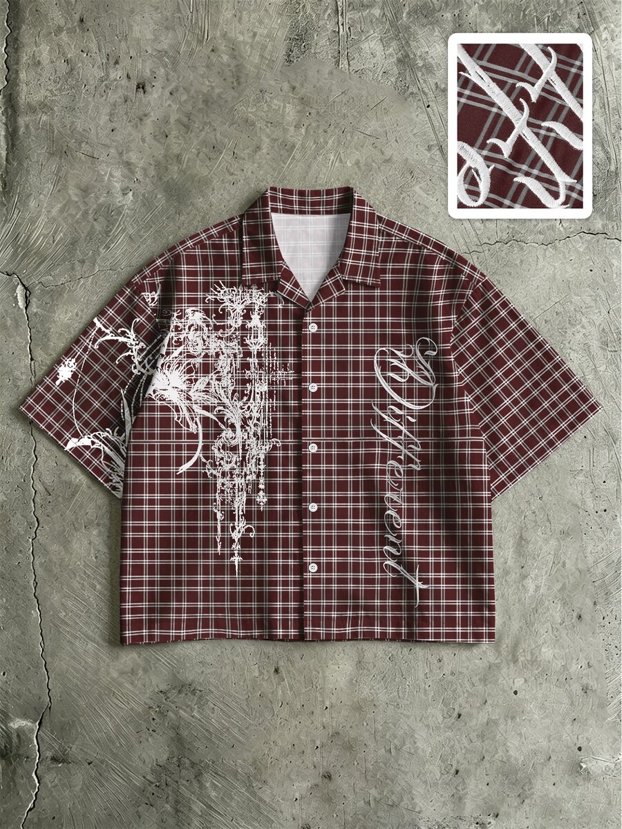 ROMWE MEN Street Life Men's Fashion Embroidered Plaid Single-Breasted Short Sleeve Shirt - Multicolor - View 1