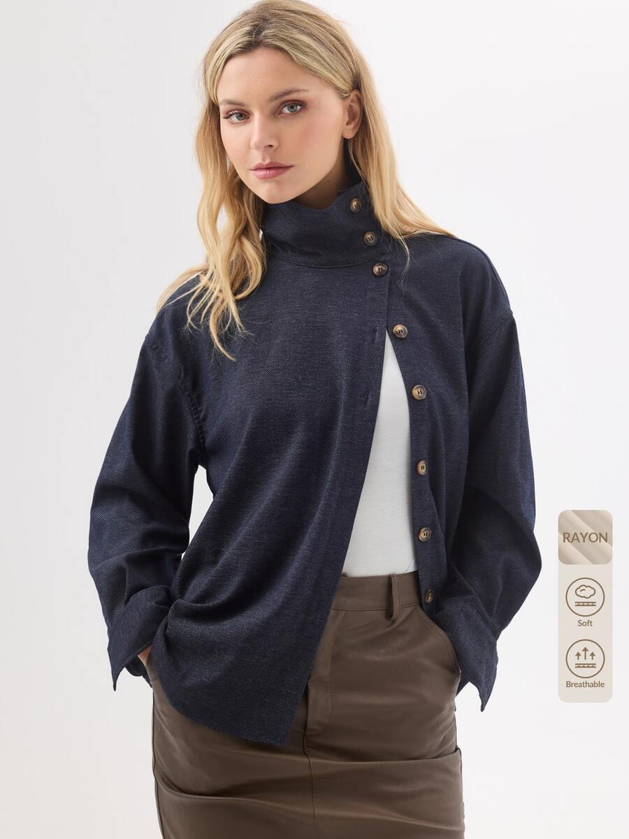 KÆRIA Hus Funnel Neck Button-Up Jacket - Stretch Twill - Navy Marle - Statement Cuff, Textured, Cargo Style Everyday Travel Navy Blue Autumn Casual - Blue - View 1