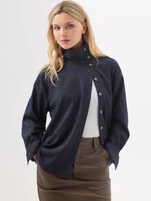 KÆRIA Hus Funnel Neck Button-Up Jacket - Stretch Twill - Navy Marle - Statement Cuff, Textured, Cargo Style Everyday Travel Navy Blue Autumn Casual - Blue - View 8