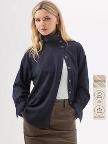KÆRIA Hus Funnel Neck Button-Up Jacket - Stretch Twill - Navy Marle - Statement Cuff, Textured, Cargo Style Everyday Travel Navy Blue Autumn Casual - Blue - View 9
