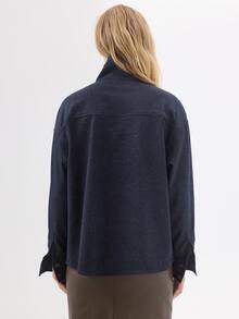 KÆRIA Hus Funnel Neck Button-Up Jacket - Stretch Twill - Navy Marle - Statement Cuff, Textured, Cargo Style Everyday Travel Navy Blue Autumn Casual - Blue - View 2