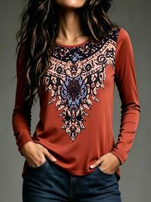 Breezaya Women's Orange-Brown Round Neck Digital Print Long Sleeve Straight Fit Vintage Casual Commute Versatile Personalized Autumn/Winter New T-Shirt - Brown - View 3