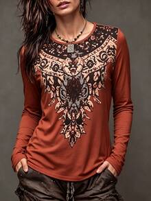 Breezaya Women's Orange-Brown Round Neck Digital Print Long Sleeve Straight Fit Vintage Casual Commute Versatile Personalized Autumn/Winter New T-Shirt - Brown - View 1