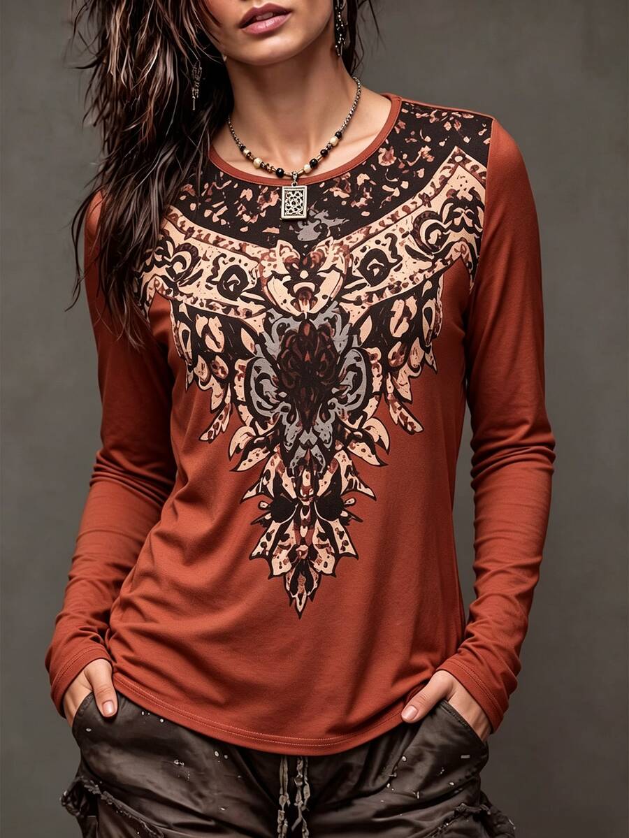 Breezaya Women's Orange-Brown Round Neck Digital Print Long Sleeve Straight Fit Vintage Casual Commute Versatile Personalized Autumn/Winter New T-Shirt - Brown - View 1