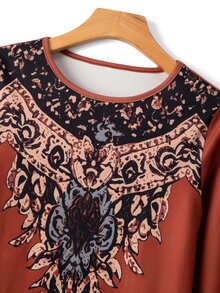Breezaya Women's Orange-Brown Round Neck Digital Print Long Sleeve Straight Fit Vintage Casual Commute Versatile Personalized Autumn/Winter New T-Shirt - Brown - View 6