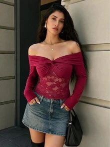 SHEIN Elenzya Wine Red Criss-Cross Off Shoulder Twisted Knot Ruched Patchwork Rose Lace Hollow Mesh Design Short Long Sleeve Date T-Shirt - Burgundy - View 6