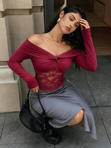 SHEIN Elenzya Wine Red Criss-Cross Off Shoulder Twisted Knot Ruched Patchwork Rose Lace Hollow Mesh Design Short Long Sleeve Date T-Shirt - Burgundy - View 5