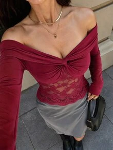 SHEIN Elenzya Wine Red Criss-Cross Off Shoulder Twisted Knot Ruched Patchwork Rose Lace Hollow Mesh Design Short Long Sleeve Date T-Shirt - Burgundy - View 3