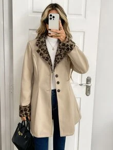 Elyressa Women's Autumn/Winter Patchwork Leopard Print Lapel Neck Long Sleeve Single-Breasted Wool Blend Coat - Apricot - View 5