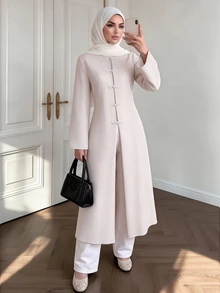 Celisse Elegant Commuter Vintage Fashion Outdoor Design Frog Button Open Front Stand Collar Waist-Cinching Slimming Women's Trench Coat Jacket - Apricot - View 6