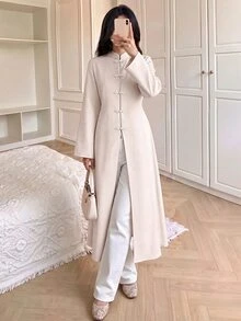 Celisse Elegant Commuter Vintage Fashion Outdoor Design Frog Button Open Front Stand Collar Waist-Cinching Slimming Women's Trench Coat Jacket - Apricot - View 4