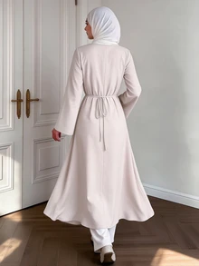 Celisse Elegant Commuter Vintage Fashion Outdoor Design Frog Button Open Front Stand Collar Waist-Cinching Slimming Women's Trench Coat Jacket - Apricot - View 2