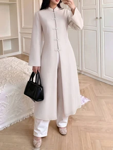 Celisse Elegant Commuter Vintage Fashion Outdoor Design Frog Button Open Front Stand Collar Waist-Cinching Slimming Women's Trench Coat Jacket - Apricot - View 5