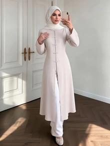 Celisse Elegant Commuter Vintage Fashion Outdoor Design Frog Button Open Front Stand Collar Waist-Cinching Slimming Women's Trench Coat Jacket - Apricot - View 3