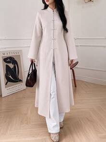 Celisse Elegant Commuter Vintage Fashion Outdoor Design Frog Button Open Front Stand Collar Waist-Cinching Slimming Women's Trench Coat Jacket - Apricot - View 1