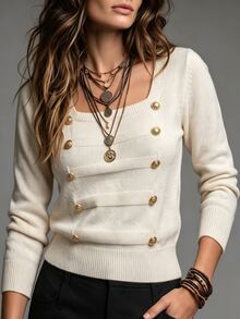 SHEIN Casual Vintage Fitted Square Neck Long Sleeve With Metal Button, Beige Women Fall Winter Sweater,Christmas,New Year,Social Clothing,Club Clothes - Beige - View 5
