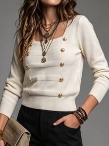 SHEIN Casual Vintage Fitted Square Neck Long Sleeve With Metal Button, Beige Women Fall Winter Sweater,Christmas,New Year,Social Clothing,Club Clothes - Beige - View 4