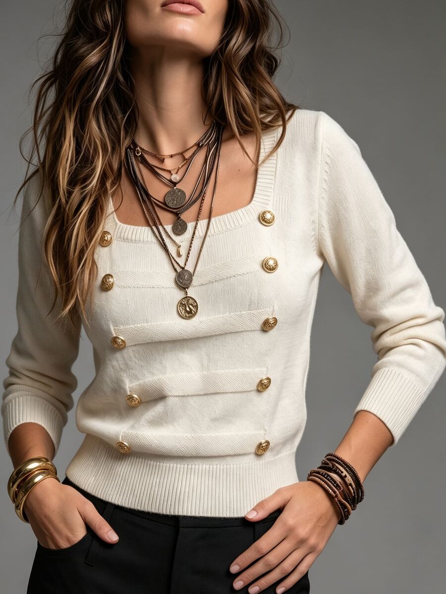 SHEIN Casual Vintage Fitted Square Neck Long Sleeve With Metal Button, Beige Women Fall Winter Sweater,Christmas,New Year,Social Clothing,Club Clothes