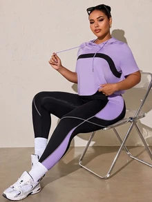 SHEIN Rhythm Era 女款大尺碼運動瑜伽戶外健身訓練套裝，抽繩連帽無袖運動衫配弧形胸部設計，對比色修身運動褲附側邊X線條與手機口袋 - 彩色 - 查看 3