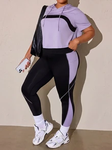 SHEIN Rhythm Era 女款大尺碼運動瑜伽戶外健身訓練套裝，抽繩連帽無袖運動衫配弧形胸部設計，對比色修身運動褲附側邊X線條與手機口袋 - 彩色 - 查看 8