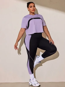 SHEIN Rhythm Era 女款大尺碼運動瑜伽戶外健身訓練套裝，抽繩連帽無袖運動衫配弧形胸部設計，對比色修身運動褲附側邊X線條與手機口袋 - 彩色 - 查看 6