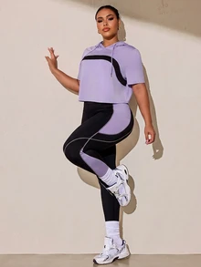 SHEIN Rhythm Era 女款大尺碼運動瑜伽戶外健身訓練套裝，抽繩連帽無袖運動衫配弧形胸部設計，對比色修身運動褲附側邊X線條與手機口袋 - 彩色 - 查看 4