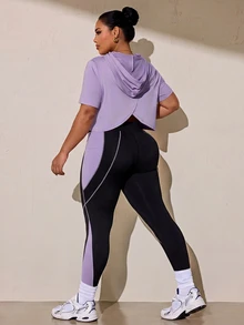 SHEIN Rhythm Era 女款大尺碼運動瑜伽戶外健身訓練套裝，抽繩連帽無袖運動衫配弧形胸部設計，對比色修身運動褲附側邊X線條與手機口袋 - 彩色 - 查看 2
