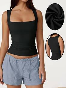 SHEIN SXY Plus Size Casual Elegant Business Casual Solid Color Fitted Tank Top, Summer Office Formal Evening Concert Black - Black - View 2