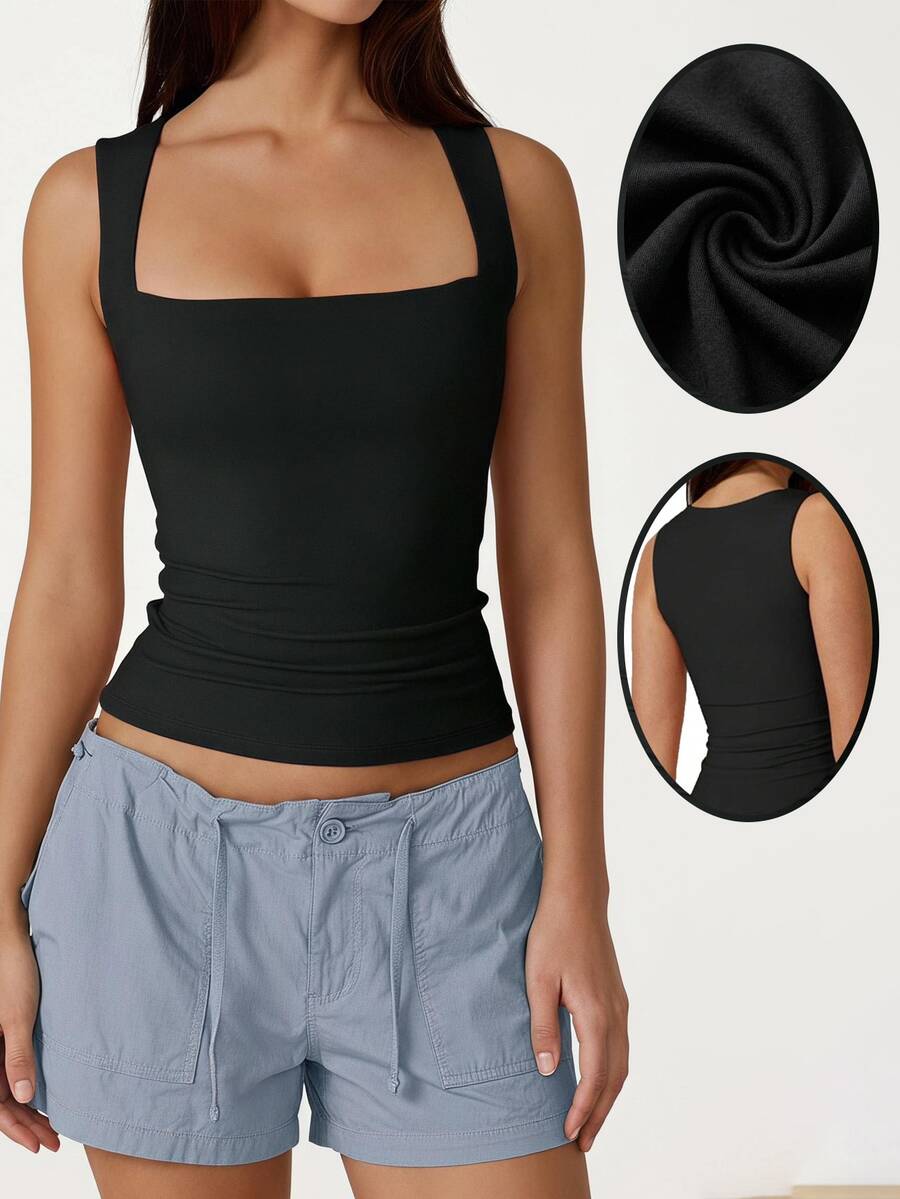 SHEIN SXY Plus Size Casual Elegant Business Casual Solid Color Fitted Tank Top, Summer Office Formal Evening Concert Black