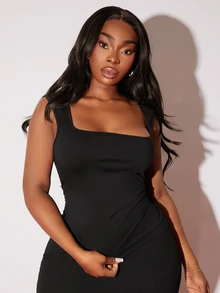 SHEIN SXY Plus Size Casual Elegant Business Casual Solid Color Fitted Tank Top, Summer Office Formal Evening Concert Black - Black - View 6