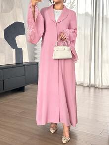 SHEIN Najma Soft Bean Paste Pink Lace Collar Bell Sleeve Outerwear Long Robe, Solid Color Nida Fabric Single Button Front Opening Abaya, Muslim Daily Minimalist Long Dress - Pink - View 5