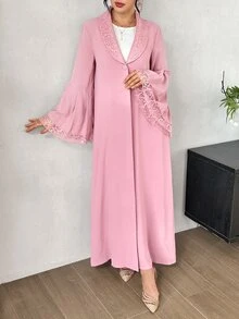 SHEIN Najma Soft Bean Paste Pink Lace Collar Bell Sleeve Outerwear Long Robe, Solid Color Nida Fabric Single Button Front Opening Abaya, Muslim Daily Minimalist Long Dress - Pink - View 3