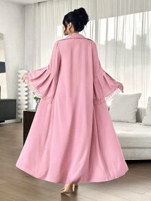 SHEIN Najma Soft Bean Paste Pink Lace Collar Bell Sleeve Outerwear Long Robe, Solid Color Nida Fabric Single Button Front Opening Abaya, Muslim Daily Minimalist Long Dress - Pink - View 2