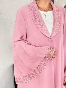 SHEIN Najma Soft Bean Paste Pink Lace Collar Bell Sleeve Outerwear Long Robe, Solid Color Nida Fabric Single Button Front Opening Abaya, Muslim Daily Minimalist Long Dress - Pink - View 4