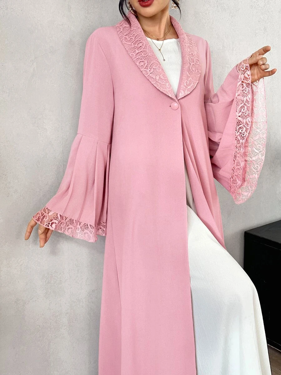 SHEIN Najma Soft Bean Paste Pink Lace Collar Bell Sleeve Outerwear Long Robe, Solid Color Nida Fabric Single Button Front Opening Abaya, Muslim Daily Minimalist Long Dress - Pink - View 1