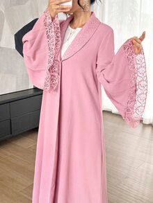 SHEIN Najma Soft Bean Paste Pink Lace Collar Bell Sleeve Outerwear Long Robe, Solid Color Nida Fabric Single Button Front Opening Abaya, Muslim Daily Minimalist Long Dress - Pink - View 6