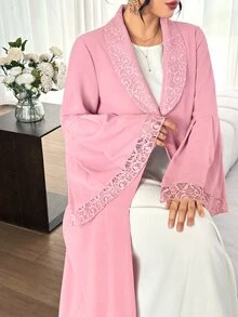 SHEIN Najma Soft Bean Paste Pink Lace Collar Bell Sleeve Outerwear Long Robe, Solid Color Nida Fabric Single Button Front Opening Abaya, Muslim Daily Minimalist Long Dress - Pink - View 7